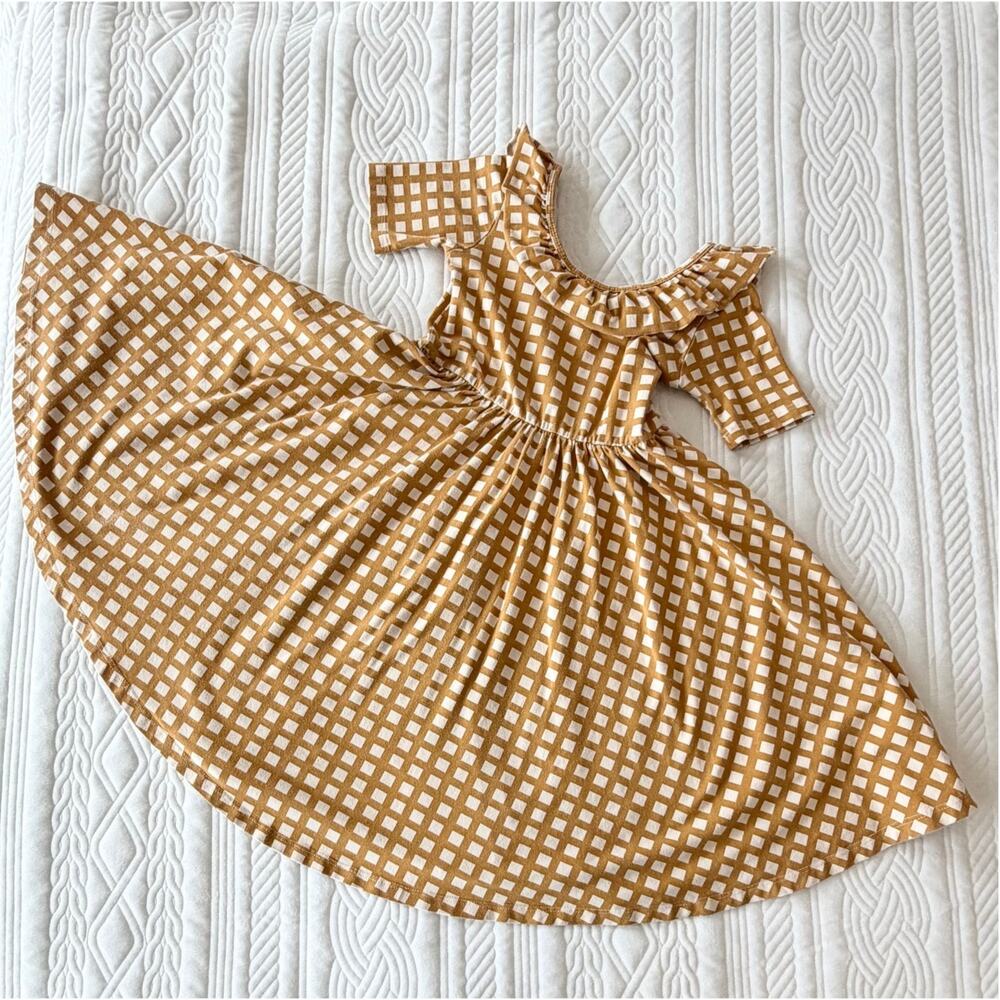 Alice + Ames Girls Mustard Checkered Dress Twirl Ruffle Short Sleeve